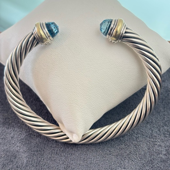 David Yurman 925 & 14k Gold 7mm Cable Bracelet with Blue Topaz-Large